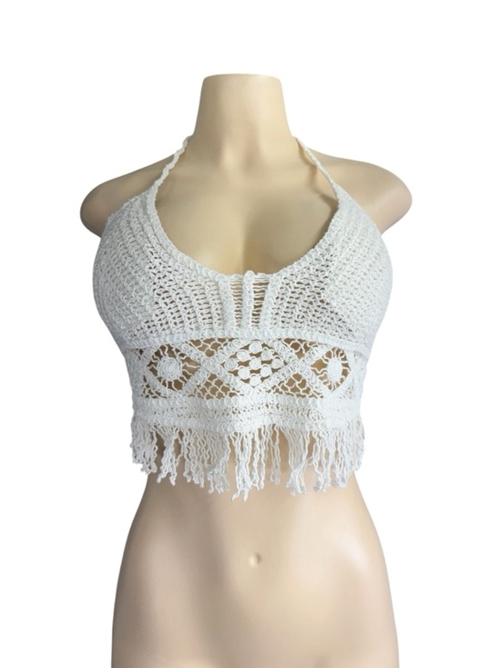 Somya Tops - White Crochet Halter Fringe Crop Top - Boho Summer Knit